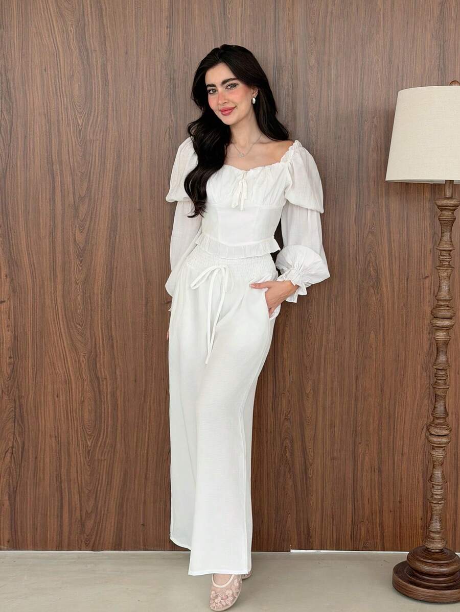 Yasmeen Edit Yasmeen Edit Women Loose High-Waisted Wide-Leg Pants, Elegant White Chic Summer Vacation Holiday, Solid Color Versatile Casual Daily Wear Beach Trousers - White - View 1