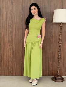 Yasmeen Edit Yasmeen Edit Spring New Design Sense High Street Elegant Loose Tall Slim Off Shoulder Retro Sexy Fitted Velvet Versatile Comfortable Outdoor Green Set Summer - Green - View 3