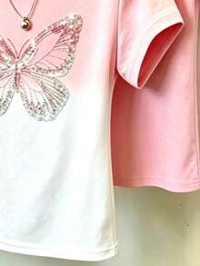 SHEIN 1件隨機款女款漸層粉色水鑽蝴蝶短袖三件套，溫柔圓領撞色馬尾T恤，修身短版上衣，韓系百搭基礎款，平價通勤休閒甜美穿搭組合，四季可穿，盲盒3合1 - 彩色 - 查看 3
