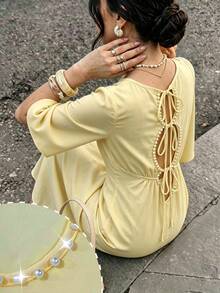 Yasmyna Round Neck Back Hollow Pearl Embellished Waist-Cinched Yellow Arabian Dress - Yellow - View 2