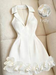 SHEIN Franclia 女款白色翻領+V領修身荷葉邊拼接優雅洋裝，白色洋裝，夏季洋裝，女款度假穿搭，女款派對洋裝，沙灘穿搭，婚禮派對洋裝，外出穿搭，女款優雅洋裝，度假穿搭，鄉村音樂會穿搭，荷葉邊洋裝 - 白色 - 查看 2