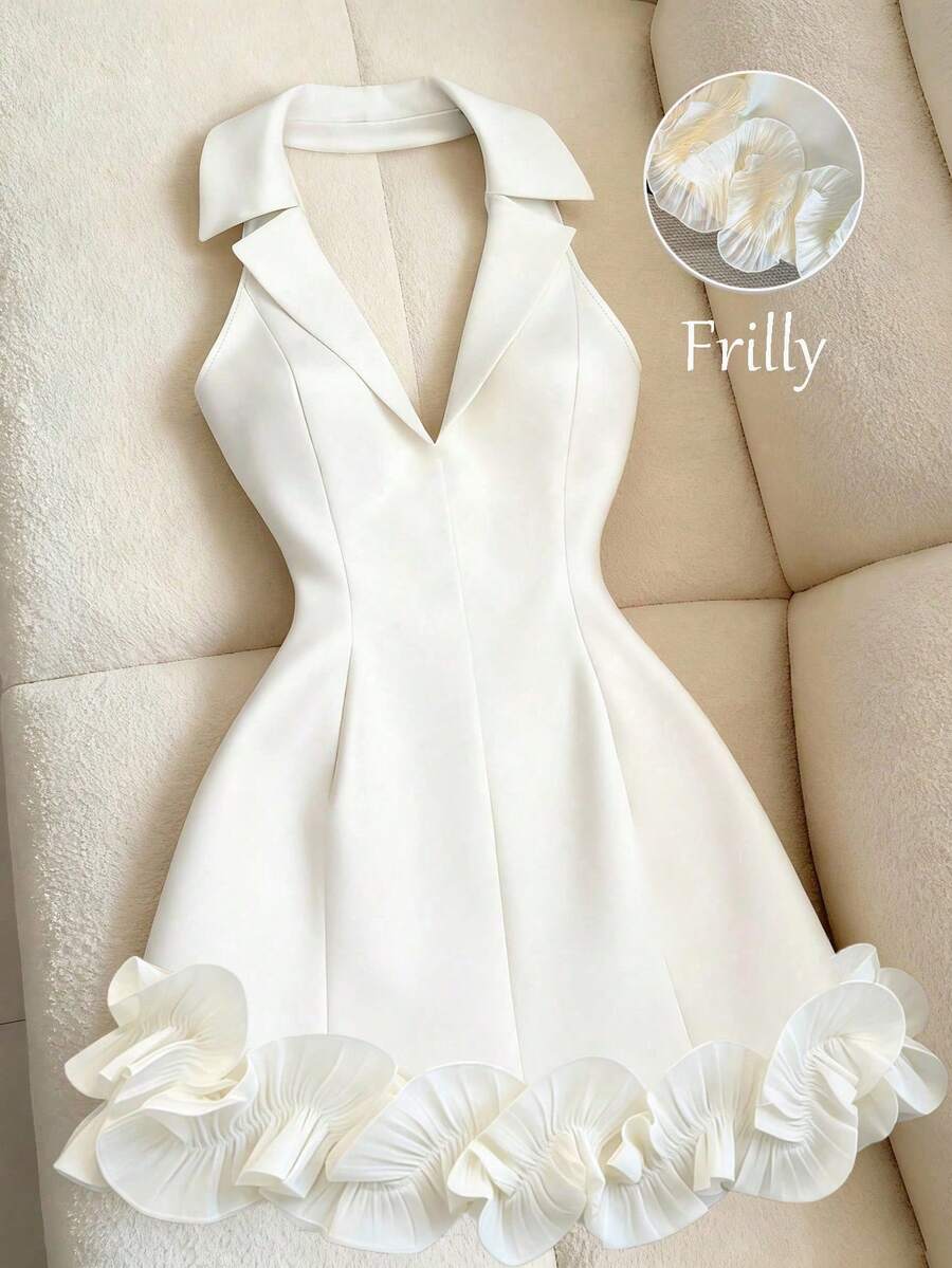SHEIN Franclia 女款白色翻領+V領修身荷葉邊拼接優雅洋裝，白色洋裝，夏季洋裝，女款度假穿搭，女款派對洋裝，沙灘穿搭，婚禮派對洋裝，外出穿搭，女款優雅洋裝，度假穿搭，鄉村音樂會穿搭，荷葉邊洋裝