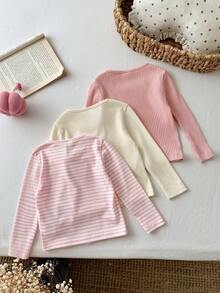 SHEIN 幼兒女童 3 件組柔軟羅紋長袖上衣，休閒基礎圓領上衣 - 彩色 - 查看 2
