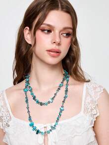 ROMWE Fairycore 1pc Women's Retro Bohemian Style Colorful Shell Beaded Double-Layer Necklace, Vintage Luxury Holiday Long Necklace, Layerable, Suitable For Beach, Travel, Women's Daily Decoration, Outfit Matching, Dating, Party, Holiday Gift. The Color And Shape Of The Gemstones And Beads Are Random. - Royal Blue - View 2