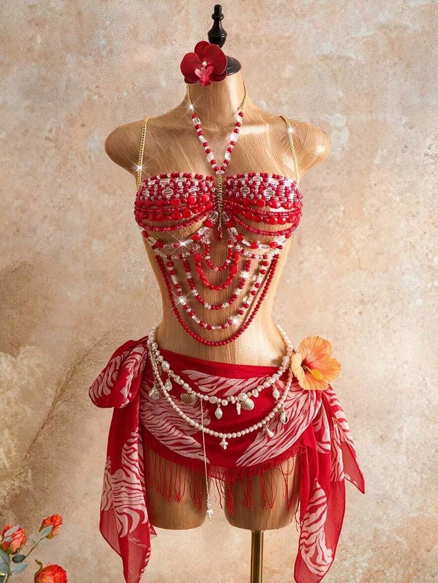 Mistrie 女款夏季度假細肩帶背心,女款夏季水晶串珠細肩帶背心,女款度假細肩帶背心 - 紅色 - 查看 1