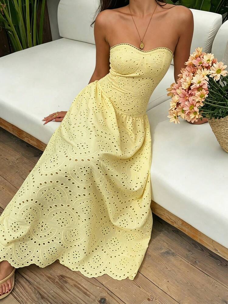 Sunnyshic Women's Summer Yellow Jacquard Hollow Out Long Dress, Wedding Picnic Evening Party, Suitable For Casual Tropical Jamaican Gatherings, Vacation, Beach