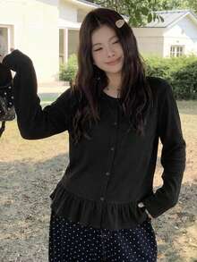 Dazy Plus Solid Color Patchwork Frill Trim Fitted Long Sleeve Casual T-Shirt For Girls, Spring/Autumn - Black - View 4