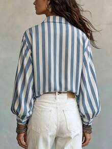 LUMIGAL Women's Striped Casual Versatile Daily Wear Shirt - Blue and White - View 2