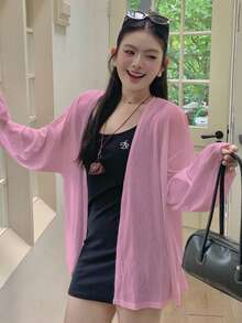 Dazy Plus 素色寬鬆長袖白色開襟罩衫大尺碼女款春夏秋輕便外套 - 淺粉色 - 查看 2