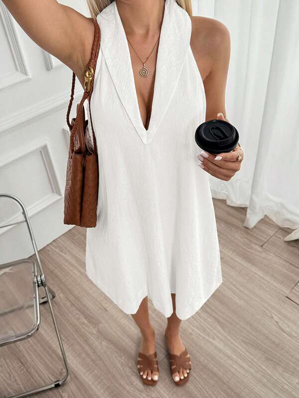 Easowa Turn Collar V-Neck A-Line Sleeveless Halter Neck Doll Dress 100% Cotton Traceable Cotton Fabric White Dress Casual Relaxed Elegant Commute Old Money Style Vacation Spring Summer Women's Mini Dress
