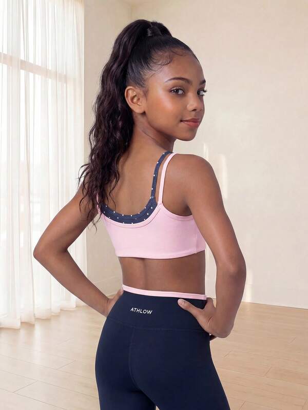 Tween Girls Sports Set, Pink Top Tank + Legging Pants, Polka Dot Detail Print, Pink Top + Navy Blue Color Matching Fashion, Pants Waistband Contrast Design, Suitable For Yoga, Casual, Sports, Running And More, Can Also Handle Y2K Style For Streetwear, New Arrival For Back To School Autumn/Winter