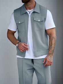 SLATEMANN Conjunto de chaqueta chaleco de utilidad con cremallera delantera y pantalones largos con cintura con cordón para hombre - Neblina azul - Ver 3