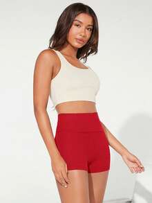 SHEIN BASICS 女款紅色寬腰帶彈性纖維單車短褲 夏季女用 - 紅色 - 查看 4