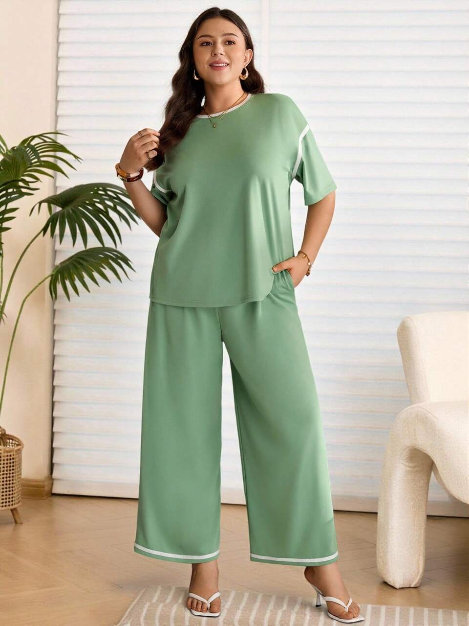 Plus Size Women's Summer Casual Green Contrast Trim T-Shirt Top And Pants