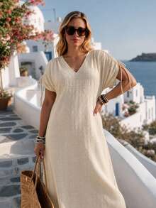 Ceyna French V-Neck Drawstring Petal Sleeve Textured Slit Long Dress, Slim Fit Waist Long Dress - Khaki - View 3