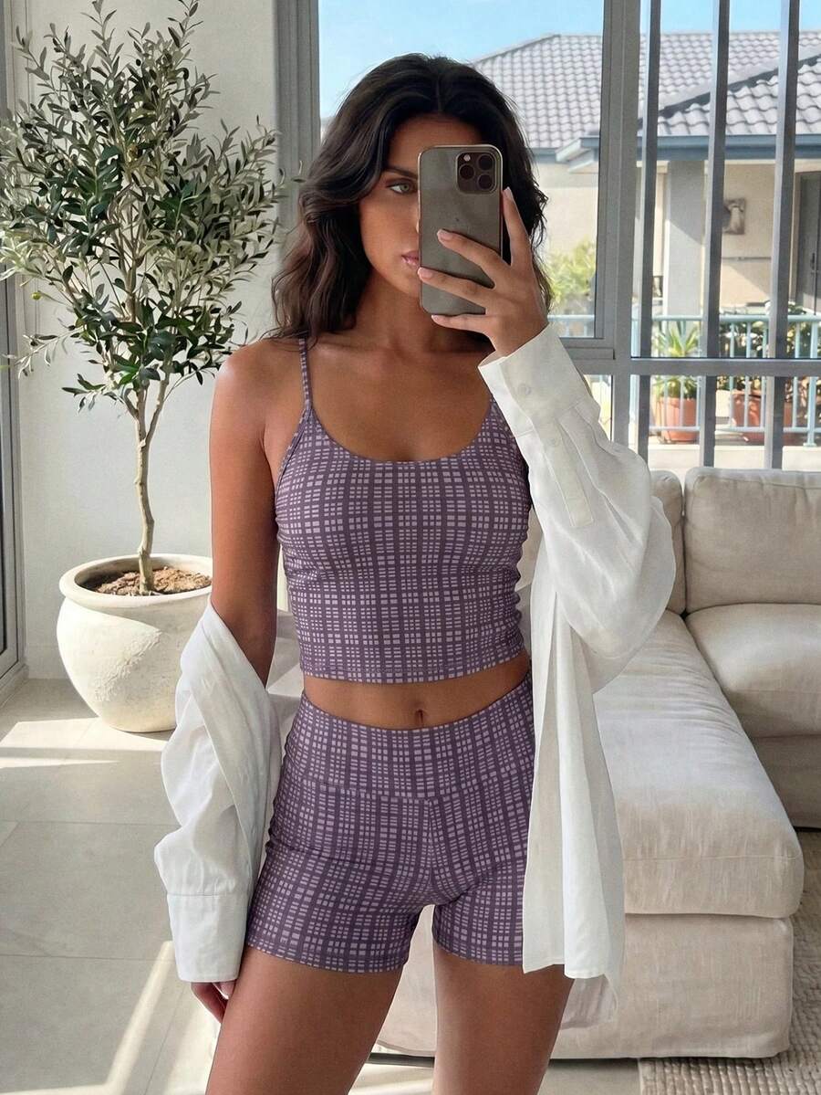 Pariaura Summer 2 Pieces Set Spaghetti Strap Tank Top & Plaid Print Bikini Bottom Elegant Swimwear Set - Multicolor - View 1