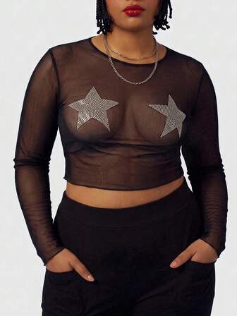 Grunge Punk Y2K Punk Rhinestone Star Design Music Festival Sexy Sheer Stretch Mesh Fitted Versatile Plus Size Women's Top
