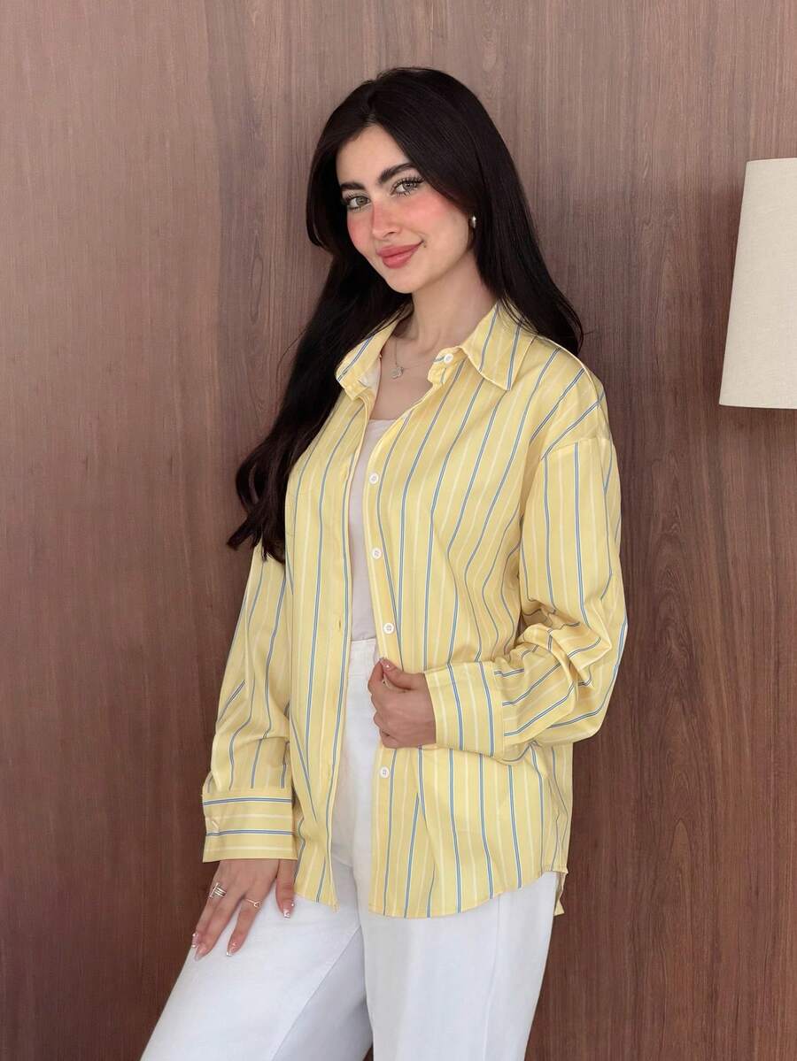 Yasmeen Edit Yasmeen Edit 女款休閒條紋印花鈕扣長袖襯衫 黃色 - 黃色 - 查看 1