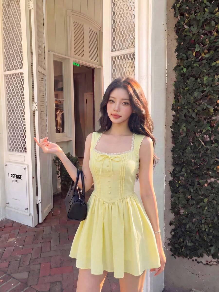 SHEIN MOD Women's Comfortable Yellow Mini Dress,Pleated Bodice, Front Buttons,Cottagecore,Vacation, Country Style,Beach,Tea Party,Garden Party,Retro,Prom,Summer