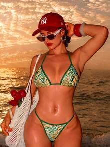 Swim SXY Conjunto de 3 piezas de bikini sexy con estampado de bloques de color y diseño tropical, con copa triangular y braguita hipster, para playa y fiesta, verde, verano, para mujer - Verde - Ver 6