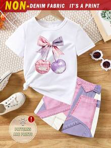 Conjunto básico de camiseta corta y pantalones cortos para bebé niña con lazo rosa y estampado patchwork de cerezas, estilo minimalista fresco - Multicolor - Ver 4