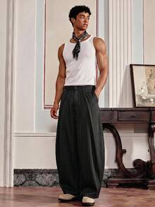 SWAVVY Pantalones de pierna ancha con rayas y pliegues con bolsillos para hombres - Negro - Ver 10