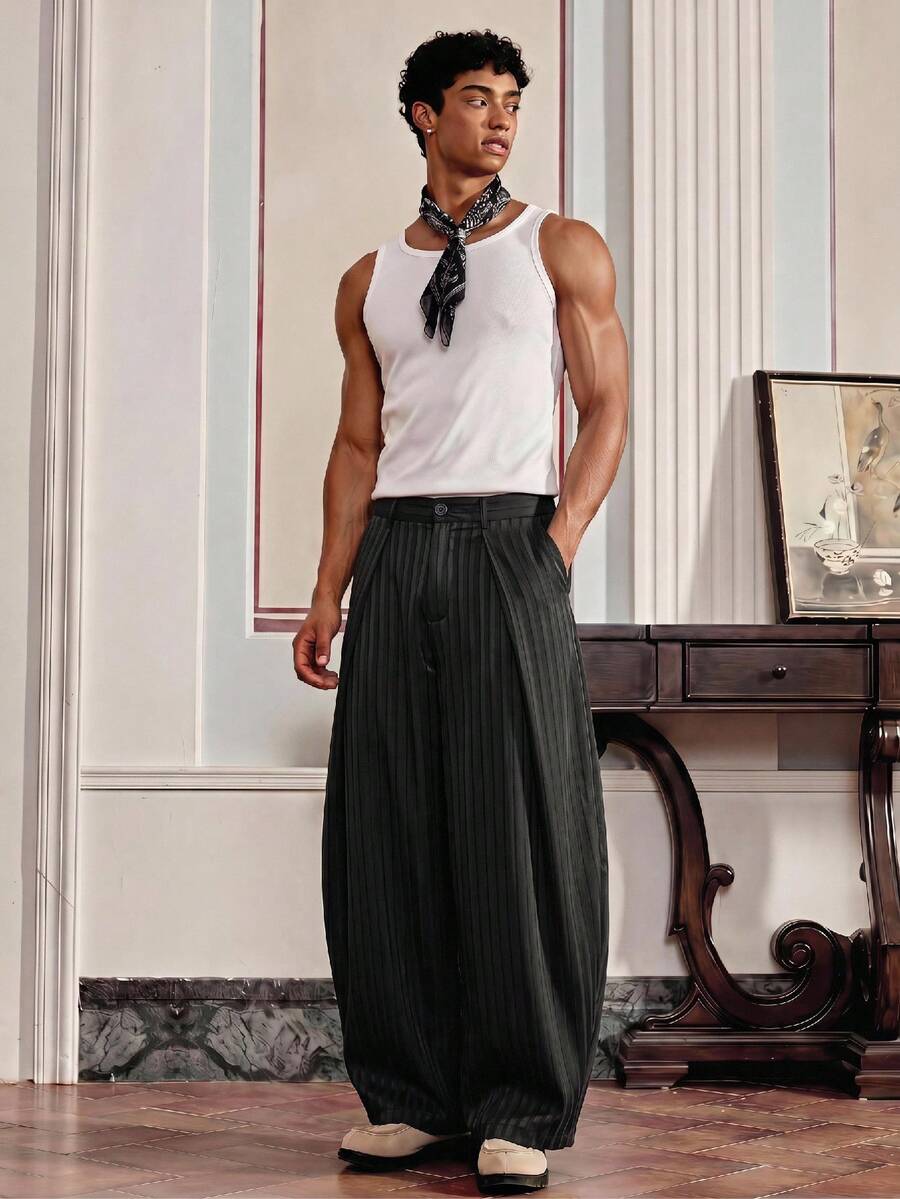 SWAVVY Men's Striped Pleated Wide Leg Pants With Pockets - Black - View 1
