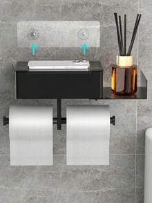 1 Minimalist Black Wall-Mounted Toilet Paper Holder, Stainless Steel Multi-Functional Phone Stand, Suitable For Bathroom And Autumn Decor - Black - View 4