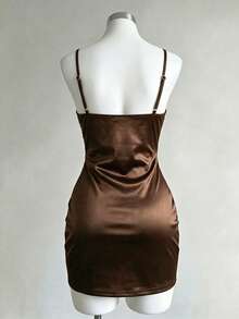 Franclia Women's Elegant Solid Satin Luxurious Spaghetti Strap Ruched Low-Cut Waist Dress - Coffee Brown - View 2