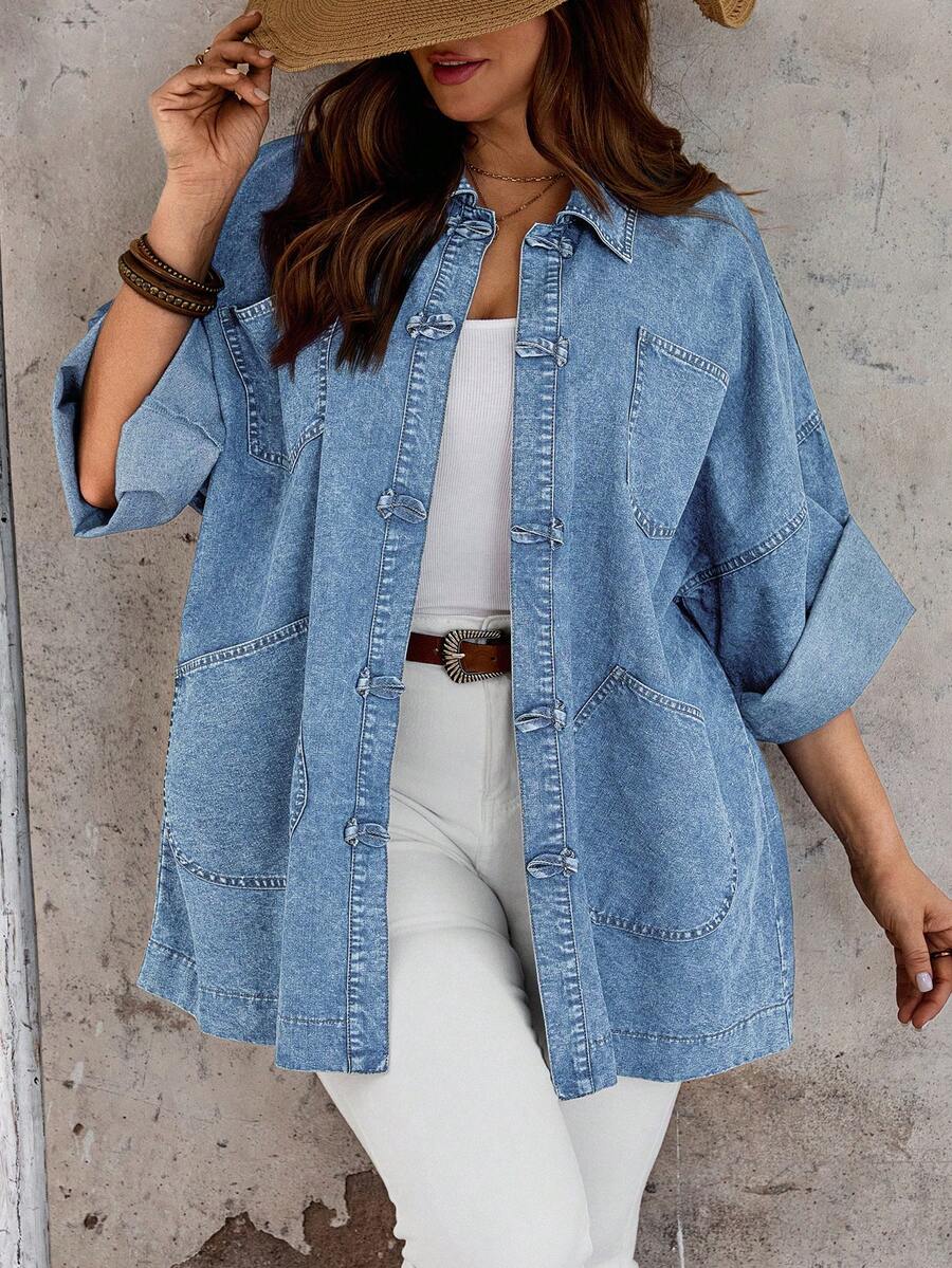 EMERY ROSE EMERY ROSE Chaqueta de Mezclilla Holgada con Hombros Caídos Casual para Vacaciones Talla Grande - Lavado ligero - Ver 1