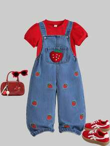 SHEIN Genkimix Kids 1件女童復古休閒可愛韓系水洗藍牛仔吊帶褲，草莓刺繡3D裝飾，附口袋可調肩帶直筒長褲牛仔連身褲，適合春秋冬季日常穿著、上學、旅行、度假、派對及各種室內外場合 - 紅色 - 查看 7