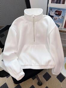 SHEIN 少女白色落肩拉链半开襟短款卫衣，适合秋冬季节日常休闲穿着。白色拉链卫衣 白色卫衣 拉链卫衣 白色卫衣 少女卫衣 秋季 - 白色 - 查看 4
