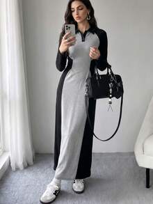 Solavon Women's Casual Modern Filipiniana Modest Long-Sleeve Knit Dress Black Grey Color-Block (34 Cotton) Formal Morning Night Office Fall - Multicolor - View 5
