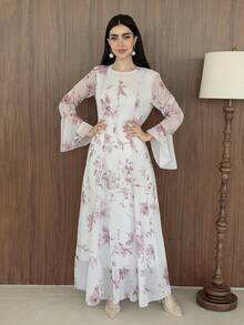 Yasmeen Edit Yasmeen Edit Gaun Wanita Elegan Motif Bunga dengan Kancing Jamur, Lengan Panjang Mengembang, Cocok untuk Liburan - Purple - View 4