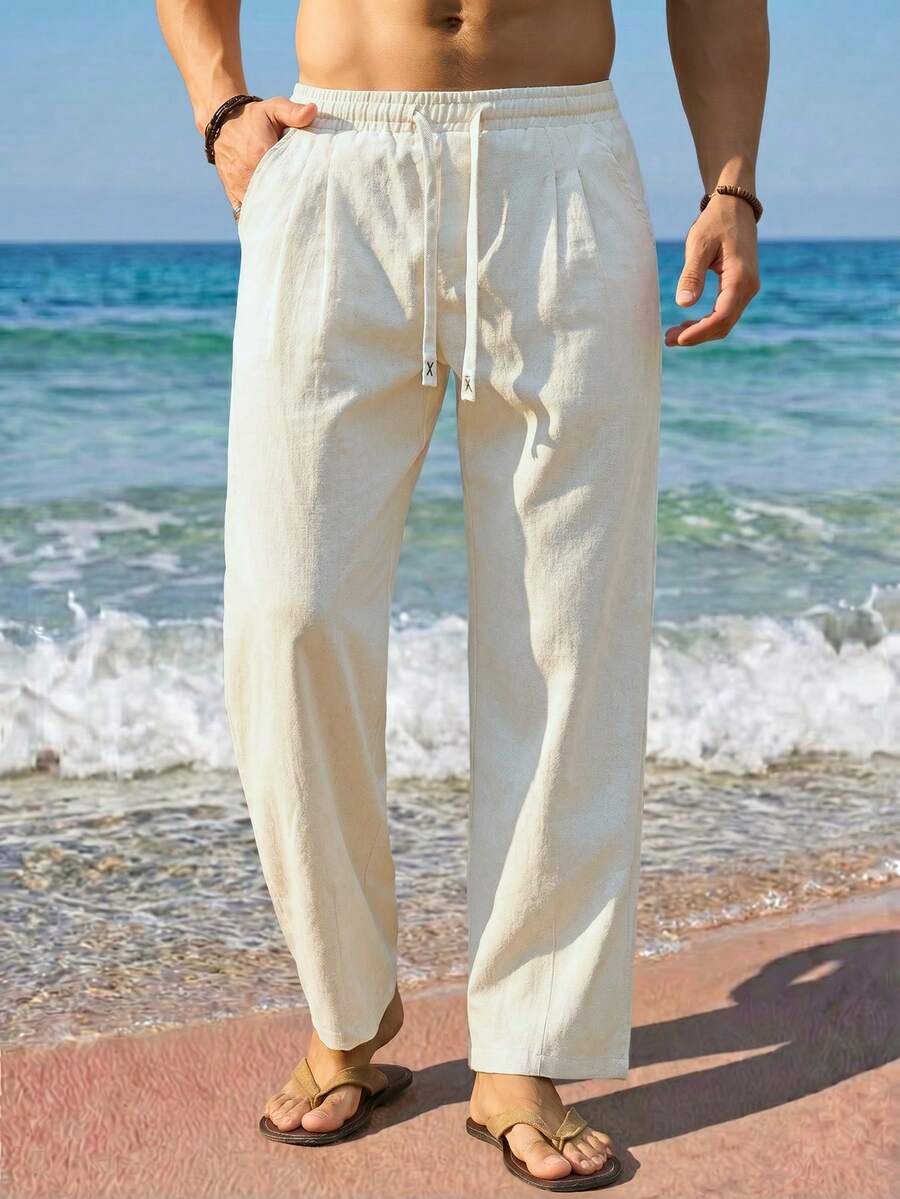 VENTUSAIL Pantalones largos de lino casuales para hombre con cintura de cordón y bolsillos, unicolor - Beis - Ver 1