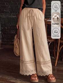 Isle Nomé Women's Spring/Summer Cotton Blend Loose Lace Patchwork Wide Leg Long Pants, Suitable For Beach Vacation, Travel, Daily Wear And Home - Khaki - View 8