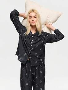 Bonmuse 两件套女士宽松舒适透气长袖上衣和长裤睡衣套装 - 黑色 - 查看 8