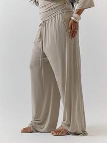 MUSERA Graue Baumwoll-Hose mit Kordelzug in Große Größen für Damen, locker geschnitten, lässig, Korsett-Stil, für Party, Lounge, Zuhause und Winter, Damen-Hose für den Herbst - Kamelfarben - Übersicht 3