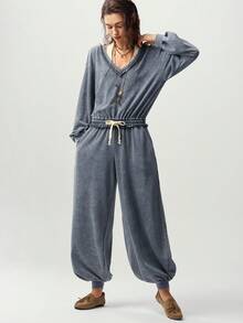 Bohemela Herbst Lässig einfarbiger gestrickter gewaschener lockerer Schnitt Damen Jumpsuit Reise Grau - Dunkelgrau - Übersicht 2
