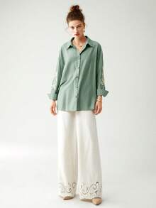 Anewsta Linen Blend Rose Print Vacation Shirt - Green - View 4