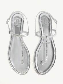 CUCCOO CHICEST Mirror Silver T-Word Clip Foot Back Strap Buckle Flat Sandals, Women's Simple And Versatile Outer Wear Casual Shoes - Silver - View 1
