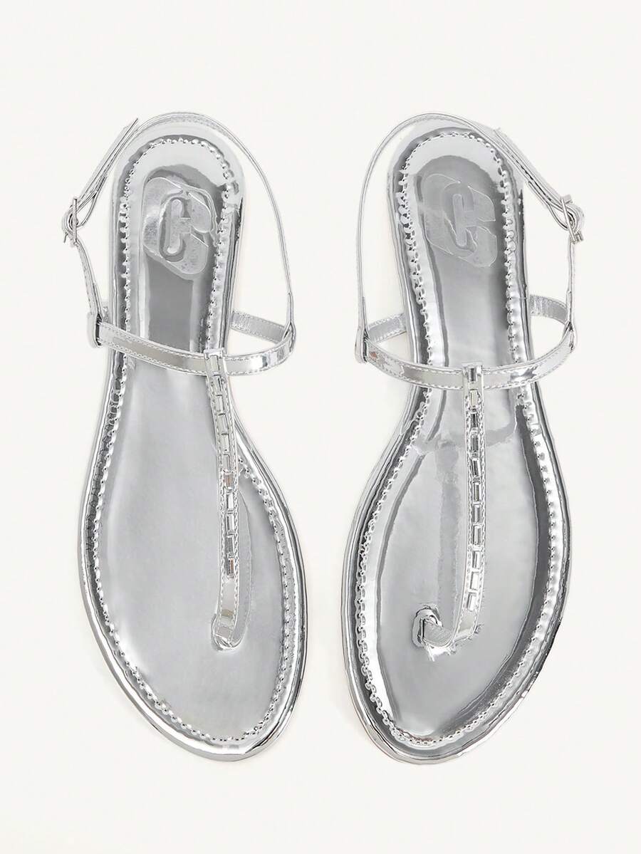 CUCCOO CHICEST Mirror Silver T-Word Clip Foot Back Strap Buckle Flat Sandals, Women's Simple And Versatile Outer Wear Casual Shoes - Silver - View 1