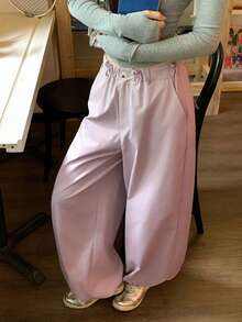 DAZY Pantaloni lunghi da donna a gamba ampia e morbida, tinta unita, casual, per vacanze estive e scuola - Rosa - Visualizzare 6