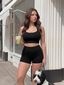 Gameset SHEIN Sport Women's Plus Size Solid Color Casual Versatile Daily Wear Sports T-Shirt - Black - View 5