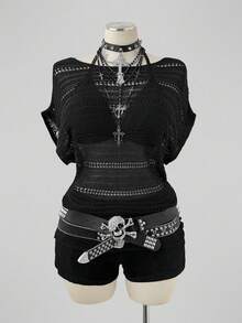 Sunspun French Style Exquisite Cinched Waist Square Neck Batwing Sleeve Hollow Out Off-Shoulder Unique Knit Top - Black - View 1