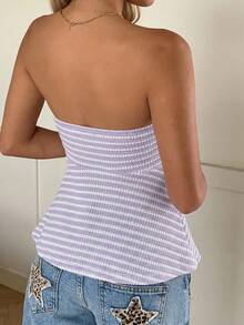 CovetEZ Purple And White Striped Ruched Bandeau Top, Summer Vacation Cute - Mauve Purple - View 2