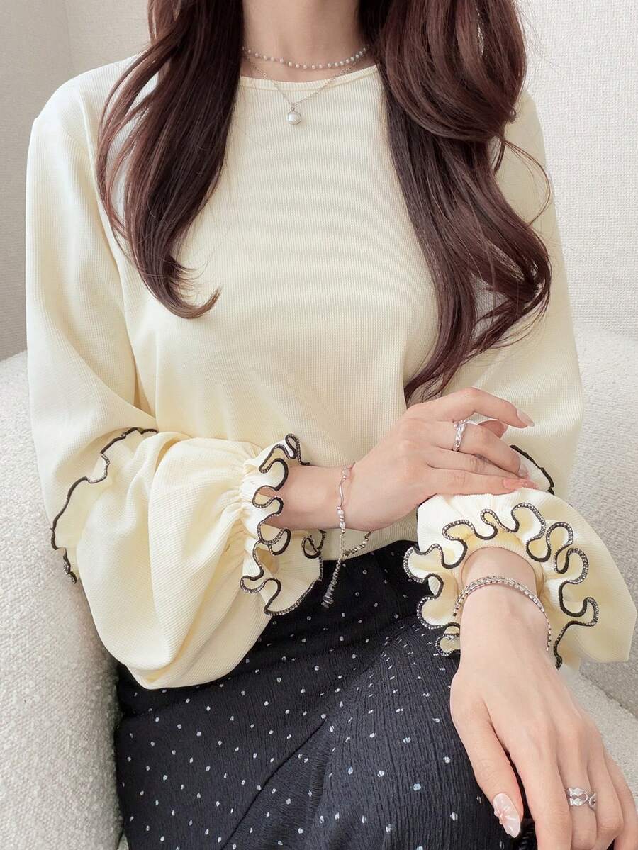 FRIFUL 女款波浪荷葉邊條紋拼接配色寬鬆短袖T恤,夏季休閒上衣 - 杏色 - 查看 1