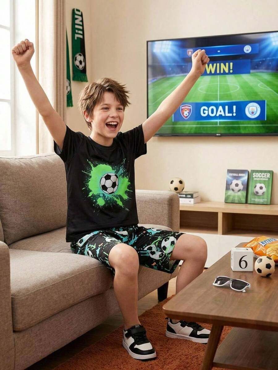 SHEIN Tween Boy Snug Fit Fluorescent Soccer Pattern Short Sleeve Knit Comfortable Tight Pajama Set 2pcs,Fourth Of July,Boys/Girls Outfit Sets - Black - View 1