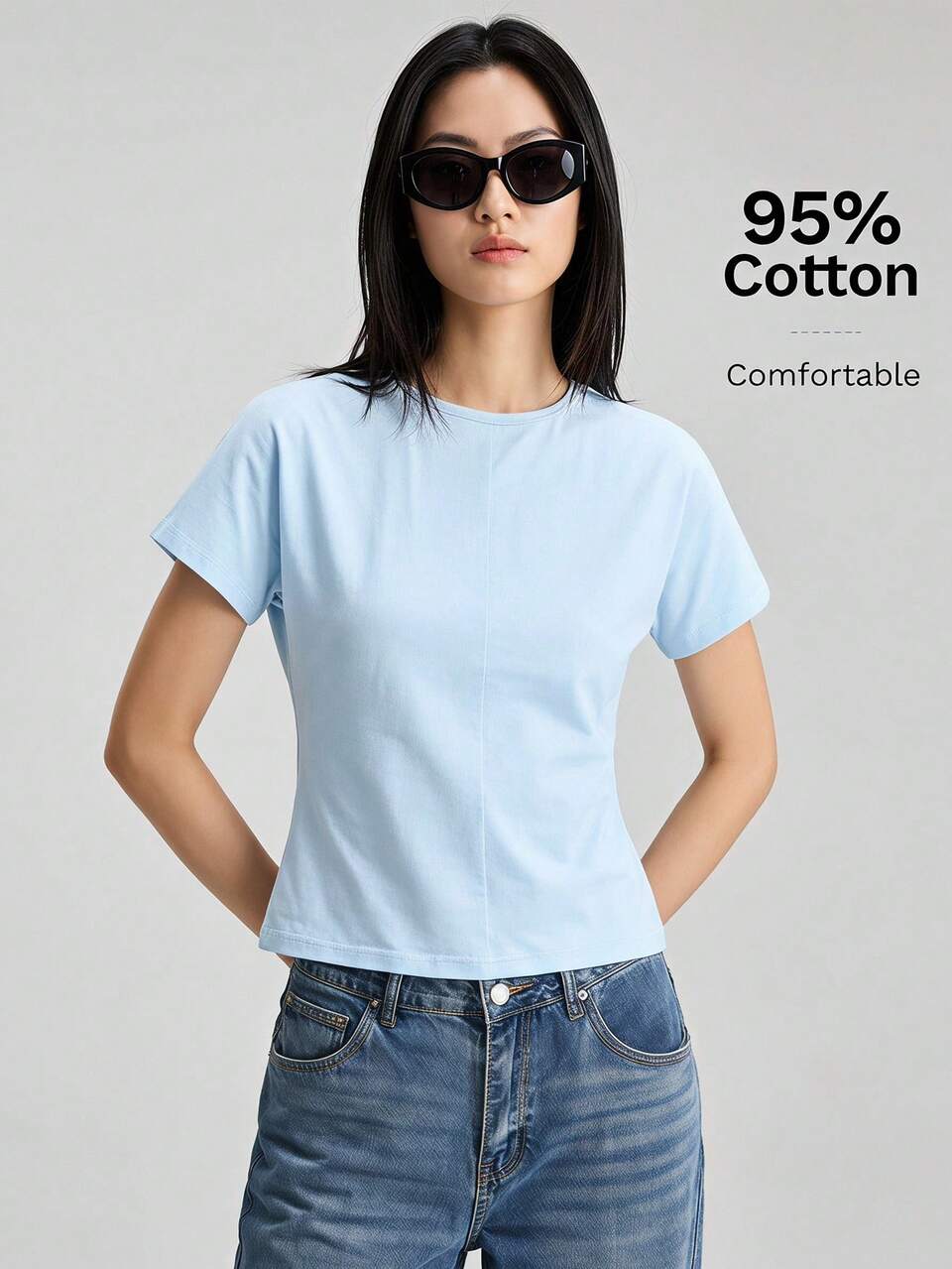 2026SS Summer New Women's T-Shirt, Bestselling Solid Light Blue Top, Short Sleeve Batwing Sleeve, Waist-Defining Fitted Silhouette, Split Line Design, Old Money Style, Teacher , Vacation Holiday Attire, Women's Office Wear, Knit Fabric, Round Neck, Independence Day Tea Party, Women's Outing Wear, Casual Commute, Simple Elegant Urban Modern Fashion Versatile Women's T-Shirt