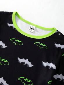 BATMAN X SHEIN 青少年男孩卡通印花長袖上衣與長褲舒適修身套裝，適合居家與外出，百搭款 - 黑色 - 查看 6